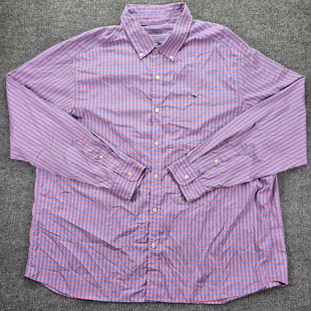 Vineyard Vines Performance Shirt Mens XXL Classic Fit Blue Pink Gingham Check